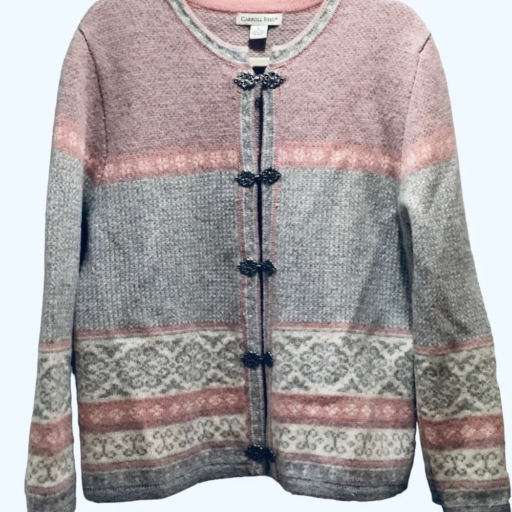 Vintage Carroll Reed Nordic Wool Cardigan Fair Isle Pink/Gray Metal Clasp Size L